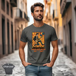 Man wearing a Rock Out With My **** Out | Funny Guitar Rock Music T-Shirt in a street setting.