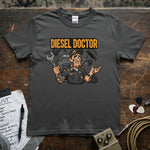 Diesel Doctor | Funny Diesel Mechanic Workwear T-Shirt featuring a mechanic with tools and a playful design.