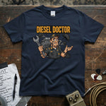 Diesel Doctor | Funny Diesel Mechanic Workwear T-Shirt featuring a mechanic with a wrench and diesel engine design.