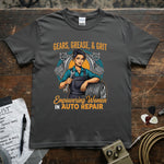 Gears Grease & Grit | Empowering Women in Auto Repair T-Shirt showcasing a confident woman in an auto shop.