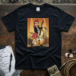 Bass Queen Upright Bass Shirt featuring a cartoon woman playing upright bass in a vibrant design on a black tee.