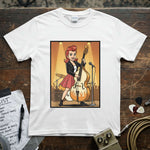 Bass Queen Upright Bass Shirt featuring a vibrant illustration of a girl playing upright bass.