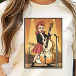 Bass Queen Upright Bass Shirt featuring a vibrant cartoon design of a woman playing an upright bass.