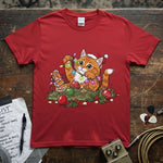 Christmas Cat / Kitten Playing With Lights Shirt featuring a playful cat with holiday lights on a vibrant red tee.