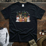 Christmas Cats Group / Holiday Cat Squad Shirt featuring adorable cats in festive attire on a black tee.