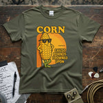 Corn – ’Cause Porn Is Frowned Upon Shirt in olive green, featuring a cool corn character and vibrant print.
