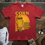 Corn – ’Cause Porn Is Frowned Upon Shirt in red, showcasing a cool corn character design, lightweight and comfy.