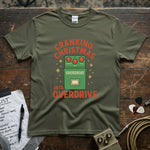 Cranking Christmas Into Overdrive Shirt featuring a vibrant graphic print on a soft, lightweight tee in olive green.