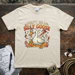 Don't Be a Silly Goose Shirt featuring a colorful duck design on a light tee.