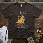 Eat Play Nap Repeat – Thanksgiving Edition Dog Shirt in brown with vibrant graphic, perfect for dog lovers.
