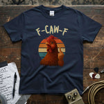 F-CAW-F (Chicken Middle Finger) Shirt featuring a vibrant chicken graphic on a navy blue tee.