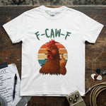 F-CAW-F (Chicken Middle Finger) Shirt featuring a vibrant chicken graphic and retro colors, perfect for lucky spark lovers.