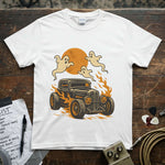 Ghost Hot Rod Halloween Shirt featuring a vintage car with flames and playful ghosts in the background.