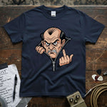 Grumpy Old Man Flipping Middle Finger Shirt with colorful graphic on soft navy tee.
