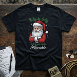 Why Be Jolly When You Can Be Miserable - Grumpy Santa Shirt displayed on a black tee with vibrant graphics.