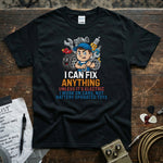 I Can Fix Anything Unless It’s Electric | Funny Mechanic T-Shirt featuring a playful mechanic design on a black tee.