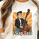 I Slap Bass | Funny Upright Bass Musician Rockabilly T-Shirt featuring a smiling musician with a double bass.