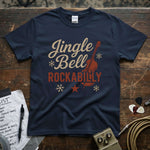 Jingle Bell Rockabilly Shirt displayed on a navy tee, featuring vibrant graphics and a modern fit.