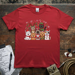 Christmas Cats Group / Holiday Cat Squad Shirt featuring playful cats in festive attire on a vibrant red tee.