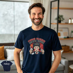 Make Russia Drunk Again Shirt on a smiling man in a navy tee, showcasing vibrant DTG print and modern fit.