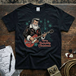 Merry Rockabilly Christmas Shirt featuring a guitarist in a festive design on a premium black tee.