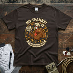 No Thanks! Eat Tofu – This Bird Bites Back Shirt featuring a colorful turkey graphic on a brown tee.