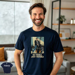 No Treble Just Trouble | Funny Bass Player Musician Shirt worn by a smiling man in a modern setting.