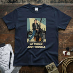No Treble Just Trouble | Funny Bass Player Musician Shirt featuring a cool bass player with flames and a rock vibe.
