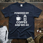 Powered by Coffee and WD-40 Shirt featuring a coffee cup and WD-40 graphic on a navy tee.