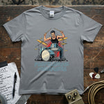 Professional Noisemaker | Funny Drummer Musician Shirt featuring a drummer hitting hard with vibrant colors.