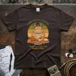 Purr-fectly Stuffed β Thankful for Food, Mostly Food Shirt displayed on a brown tee with a cat and food design.