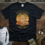 Purr-fectly Stuffed β Thankful for Food, Mostly Food Shirt featuring a cute cat graphic and vibrant design on a black tee.