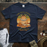 Purr-fectly Stuffed β Thankful for Food, Mostly Food Shirt featuring a cute cat and food graphic on a navy tee.
