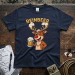 Reinbeer β Drunk Reindeer With Beer Shirt featuring a happy cartoon reindeer holding a beer, perfect for festive fun.