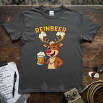 Reinbeer β Drunk Reindeer With Beer Shirt design featuring a cheerful reindeer holding a beer mug.