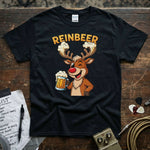 Reinbeer β Drunk Reindeer With Beer Shirt featuring a playful reindeer holding a beer, perfect for fun-loving holiday vibes.