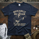 Rockabilly Musician β Like a Normal Musician, Just Way Cooler Shirt on a dark blue tee, featuring vibrant design and soft fabric.