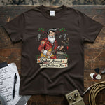 Rockin' Around the Christmas Tree - Rockabilly Santa Shirt on a brown tee, featuring Santa with guitar and festive elements.