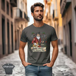 Man in the 'Rockin’ Around the Christmas Tree - Rockabilly Santa Shirt' enjoying the festive vibe in a cozy street.