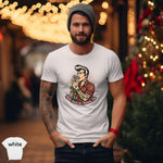 Rockin’ Around the Christmas Tree – Rockabilly Singer Shirt worn by a man with a festive background and vibrant print.