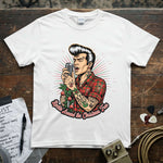 Rockin’ Around the Christmas Tree – Rockabilly Singer Shirt featuring a vintage singer with tattoos and microphone.