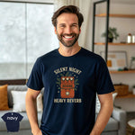 A man smiling in a navy Silent Night Heavy Reverb Shirt featuring a vibrant print and modern fit.