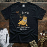 Eat Play Nap Repeat – Thanksgiving Edition Dog Shirt featuring a playful dog design on a black premium tee.