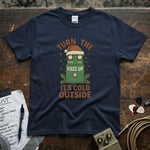 Turn the Fuzz Up It's Cold Outside Shirt on a stylish navy tee with colorful graphics, perfect for music lovers.