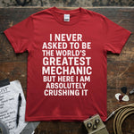 World’s Greatest Mechanic Shirt with bold white text on a red tee, showcasing a fun mechanic slogan.