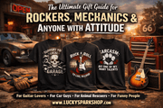 The Ultimate Gift Guide for Rockers, Mechanics & Anyone With Attitude featuring themed t-shirts and guitars.