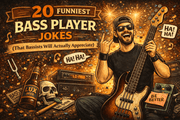 20 morsomste bassistvitser med en bassist som spiller og viser rocke-tegn, full av humor og musikk.