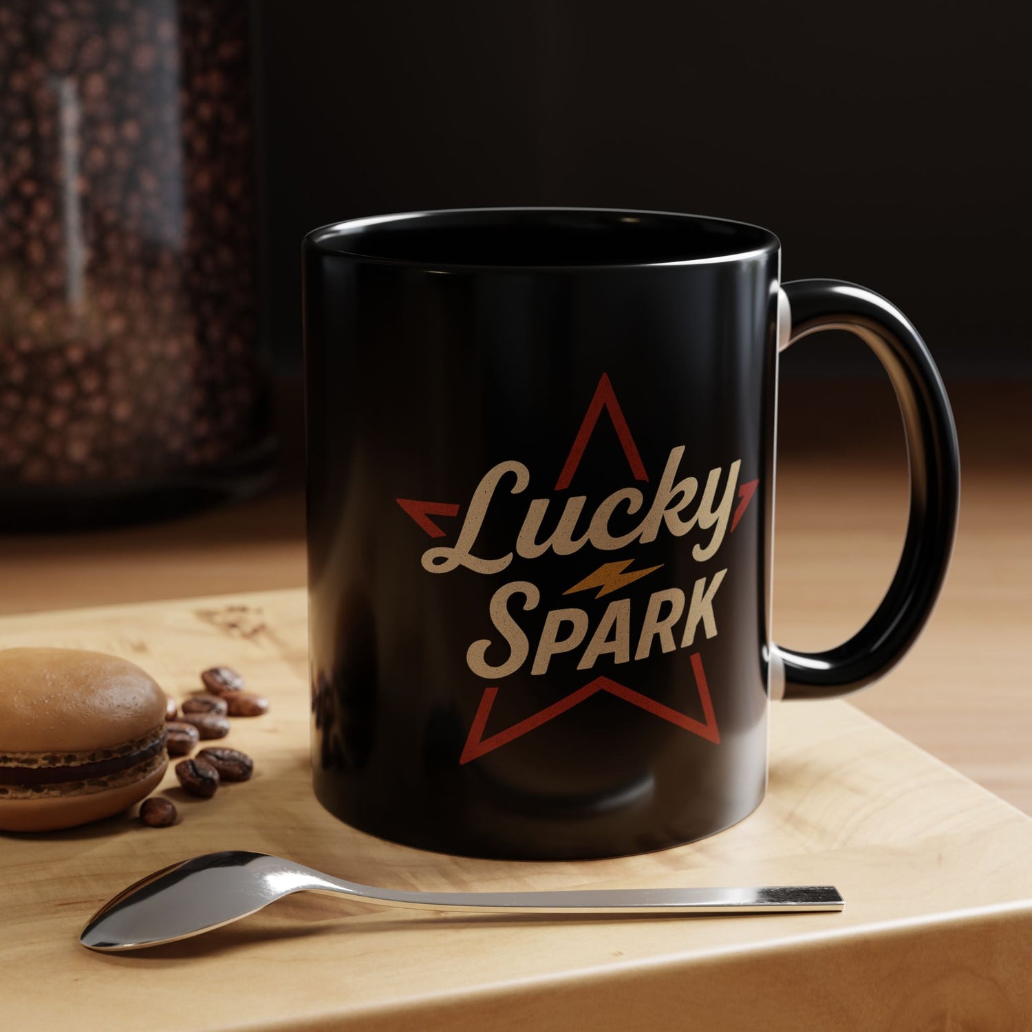 A black Lucky Spark mug