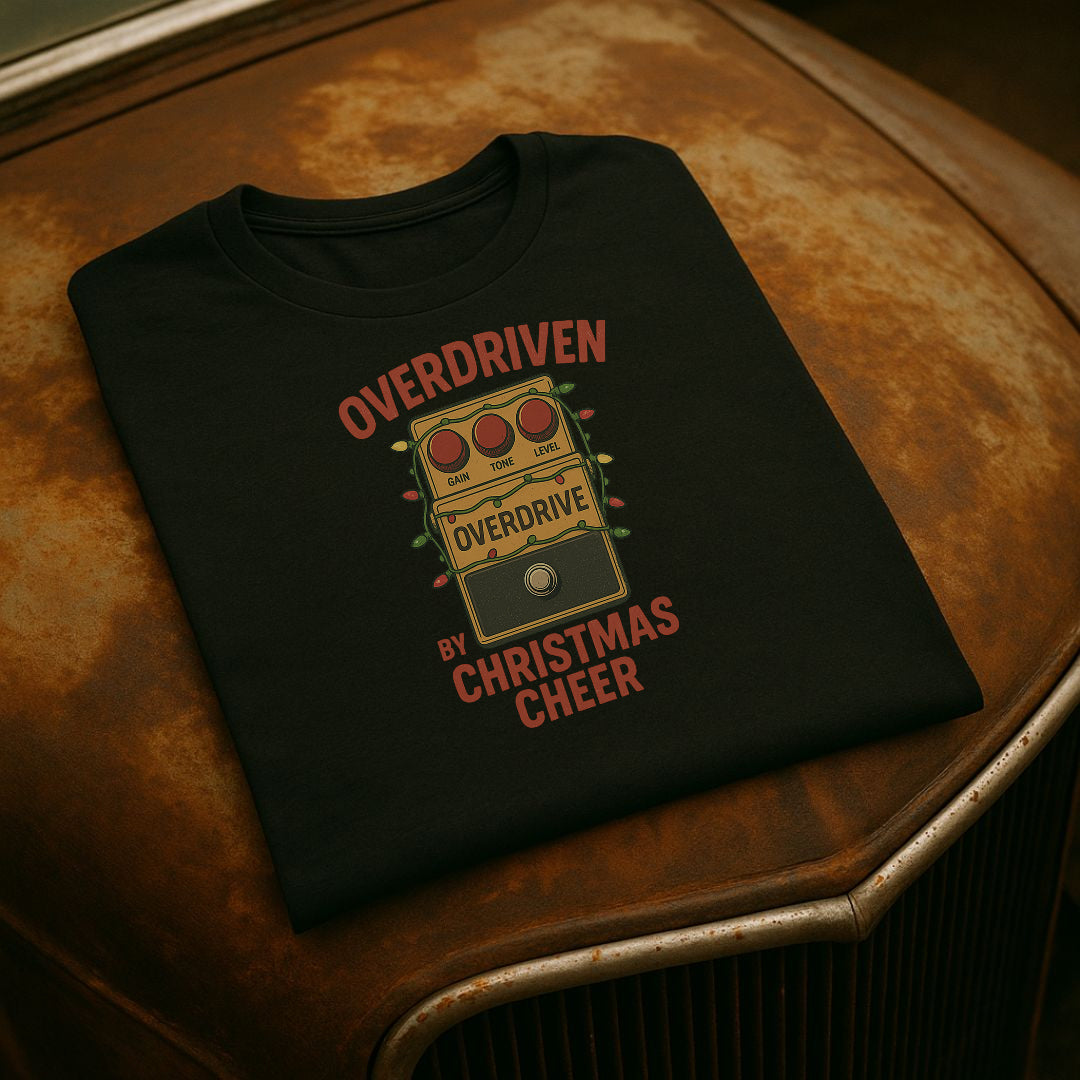 “Overdriven by Christmas Cheer” – Funny Guitar Pedal Holiday T-Shirt