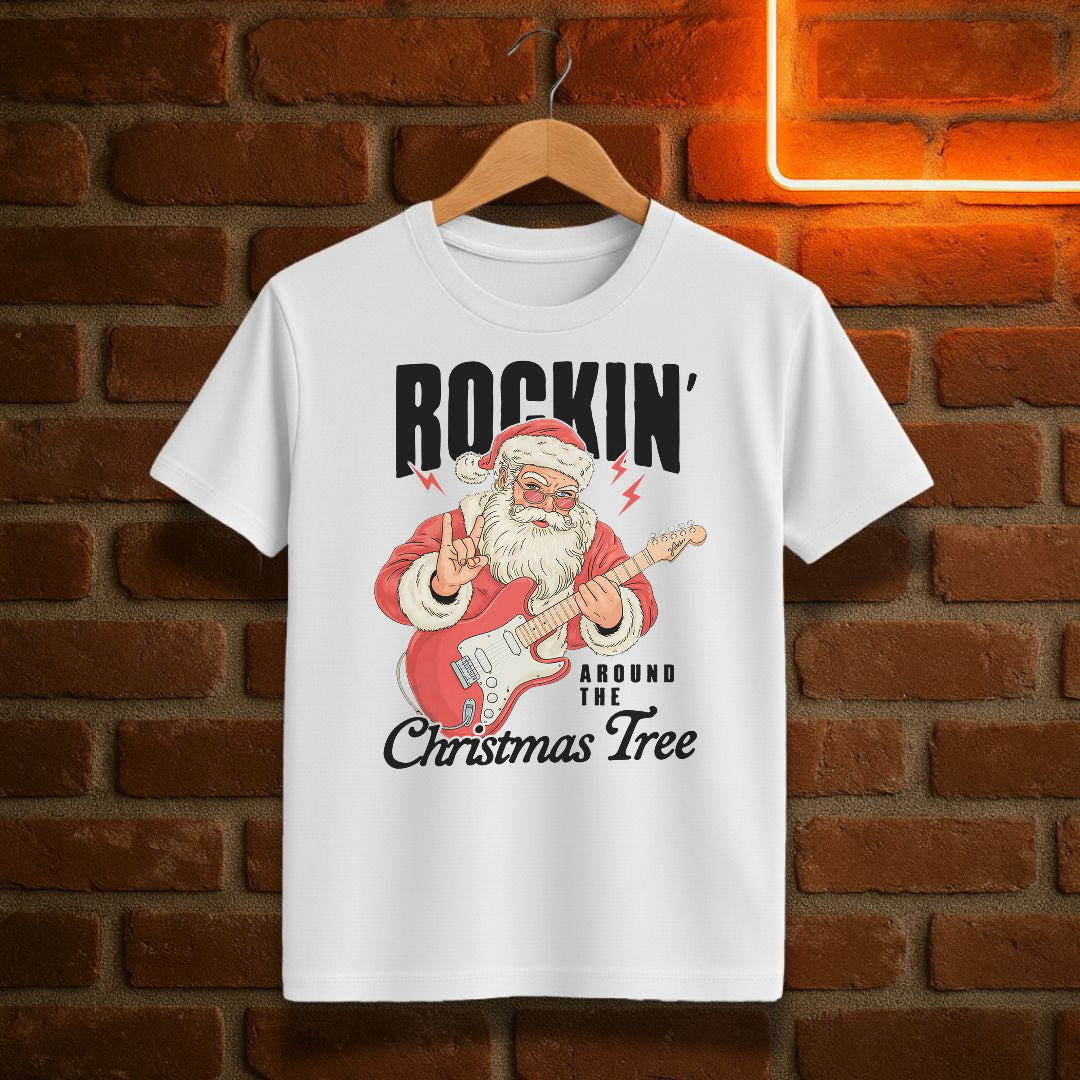 Rockin’ Around the Christmas Tree T-Shirt | Vintage Santa Guitar Christmas Tee